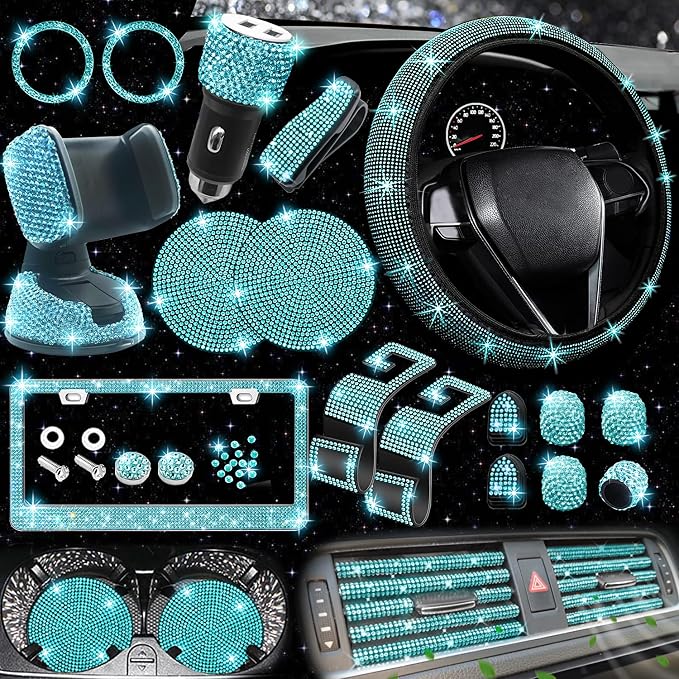 27 PCs Aquamrine Bling Car Accessories Set for Women, Steering Wheel Covers Universal Fit 15 Inch, Bling License Plate Frame, Bling Phone Holder, Bling Car Coasters (Aquamrine Diamond)