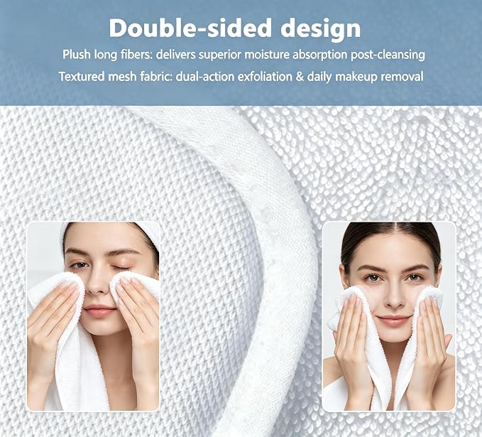White Dual-Sided Microfiber Face Towels, 3pcs 16"x16" Ultra Absorbent Quick Dry Hair Towels, Exfoliating Face Cloths for Dead Skin, Makeup Remover & Sensitive Skin, Lint-Free Reusable Cleansing Cloths