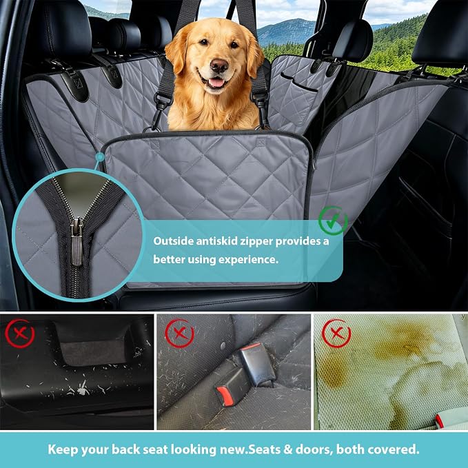 Truck Dog Seat Cover Back Seat | 100% Waterproof & Seat Belt | Pet Hammock for Car Rear Seat Protector with Mesh Window Fits Pickup Ford F-Series/Chevrolet Silverado/Ram/GMC Sierra etc(Gray)