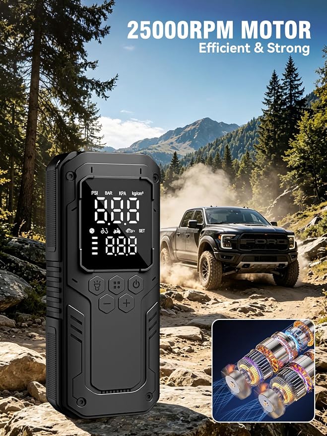 Tire Inflator Portable Air Compressor, 5X Faster Air Pump for Car Tires with Powerful Battery, 12V DC & Autostop, 150PSI Cordless Tire Pump for Car, Motorcycle, Bike, Balls