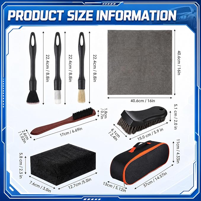 12PCS Car Cleaning Kit, Leather Brush Car Detailing Interior Set, Horsehair Seat Brushes, Auto Detail Brush, Microfiber Towels, Applicator Pads & Storage Bag, Automotive Supplies
