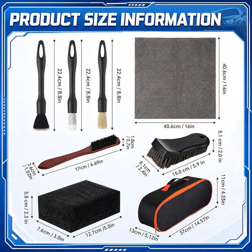 12PCS Car Cleaning Kit, Leather Brush Car Detailing Interior Set, Horsehair Seat Brushes, Auto Detail Brush, Microfiber Towels, Applicator Pads & Storage Bag, Automotive Supplies
