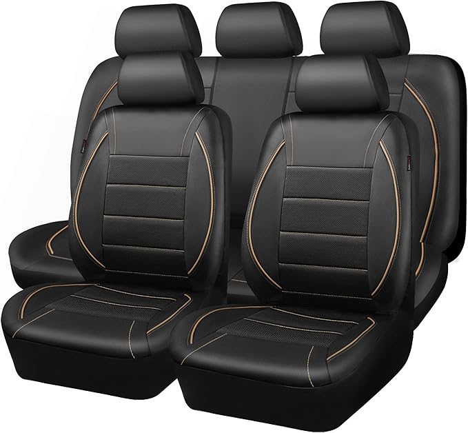 Universal FIT Piping Leather Car Seat Cover, for suvs,Van,Trucks,Airbag Compatible,Inside Zipper Design and Reserved Opening Holes (Full Set, Black and Beige)