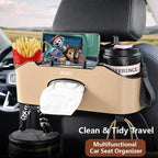 Mu&Ti Back Seat Car Organizer,4+2 in 1 Multifunctional Car Back Seat Storage Box with 2 Cup Holders, Tissue Box and Hook - Ideal for Kids and Travel(Beige)