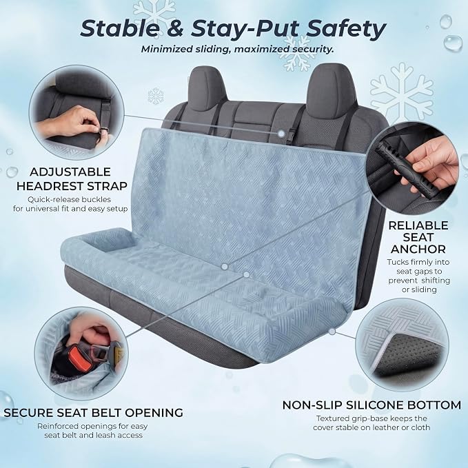 Premium Cooling Dog Car Seat Mat for Medium-to-Large Dogs, Breathable Dog Car Mat for Back Seat Travel, Cool-to-Touch Washable Pet Travel Lounge with Supportive Bolster