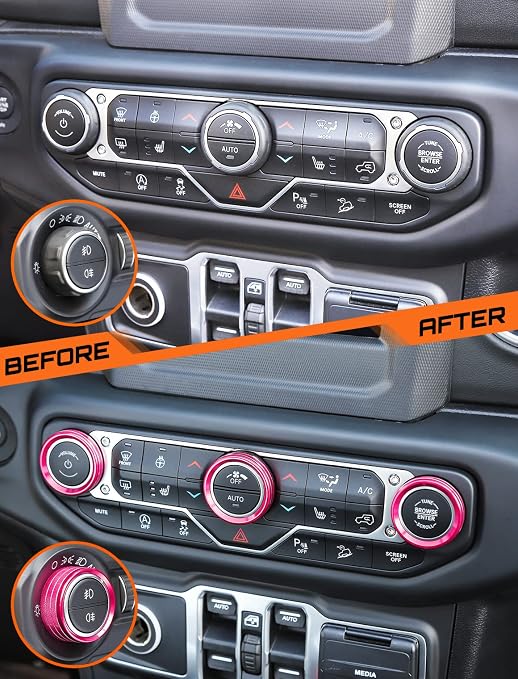 Climate Control Panel Knob Trim Kit & Light Control Switch Cover, Air Conditioner Knob Aluminum Alloy Ring for 2018-2024 Jeep Wrangler JL JLU & Gladiator JT, Interior Accessories, Pink