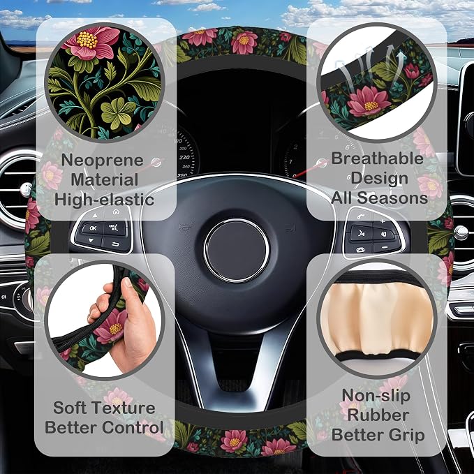 Vintage Botanical Peony Floral Steering Wheel Cover for Women, Anti-Slip Car Steering Wheel Cover with 2 Pcs Cup Holders Neoprene Breathable Car Accessories Universal 15 Inch Auto Interior Decor