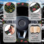 Vintage Botanical Peony Floral Steering Wheel Cover for Women, Anti-Slip Car Steering Wheel Cover with 2 Pcs Cup Holders Neoprene Breathable Car Accessories Universal 15 Inch Auto Interior Decor