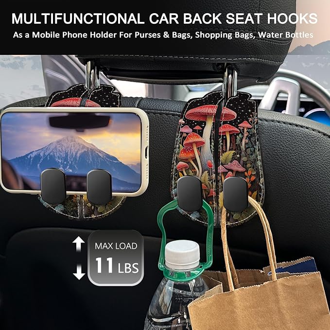 2PCS Car Seat Back Storage Headrest Hooks, Mushroom Purse Holder Bags Hanger, PU Leather Double Metal Hook for Backseat Organizer, Women Car Accessories Organization