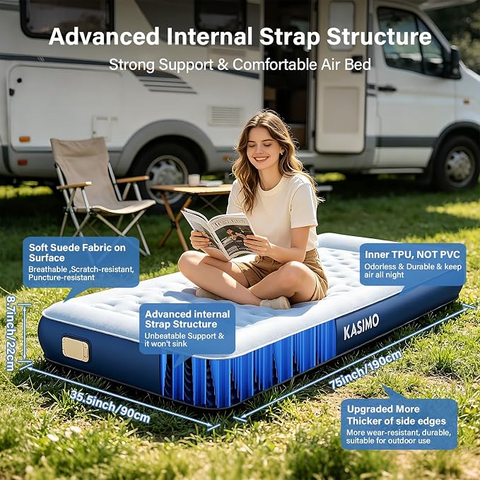 Twin Camping Air Mattresses with Cordless Battery Pump,TPU Self Inflatable Mattress, Blow up Mattress All Night Stability No Smell Air Bed for Tent Camping, Home, Guests, Car Travel