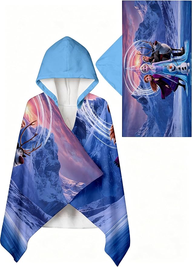 Frozen Printed Soft Cotton Terry Hooded Towel Wrap, Absorbent Hooded Poncho Towel for Bath Pool Beach, 28 in x 55 in