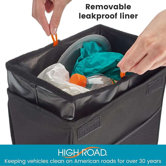 TrashStand Weighted Car Trash Can with Lid and Removable Leakproof Liner - Universal Fit Behind Center Console in Back Seat - Holds 2 Gallons of Car Garbage | Behind Console Car Garbage Can With Bottom Weight and Floor Grips - Waterproof Inse...