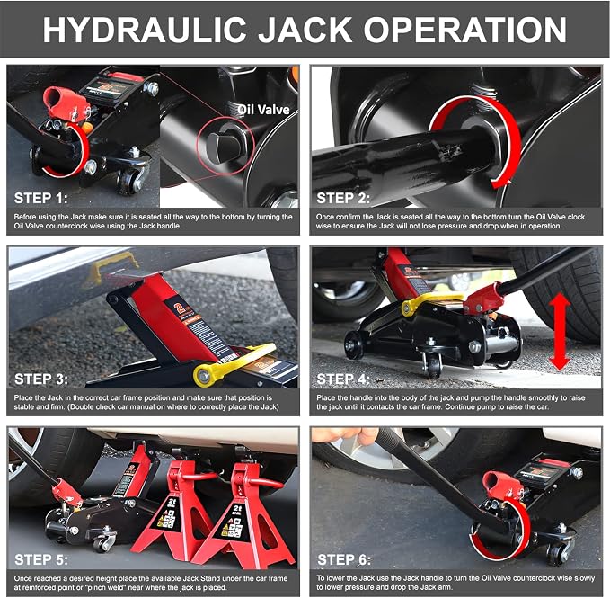 DNA Motoring 2 Ton Car Jack and Stands Kit 2T(4000 lbs) Capacity Low Profile Hydraulic Trolley Service/Floor Jack with 2 Ratchet Stands Combo for Home Garage Shop, Red/Black, TOOLS-00280