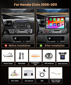 8Core 8G+128G CAR Radio for Honda Civic 2006-2011, Android 15 Car Stereo Wireless Carplay and Android Auto 4G-SIM-WiFi GPS 10.1'' QLED Capacitive Screen Bluetooth 5.0 FM/AM/RDS DSP-36 Camera