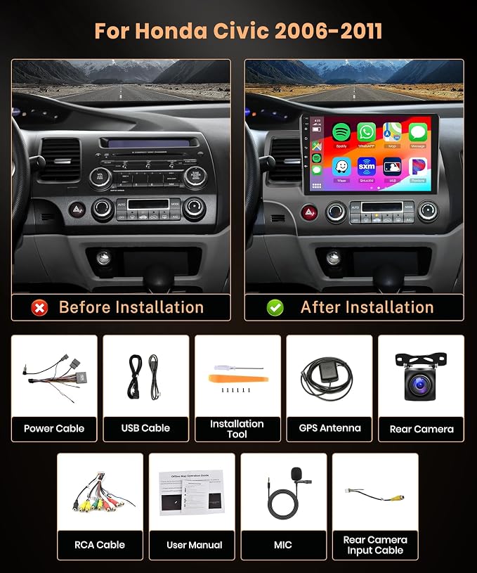 8Core 8G+128G CAR Radio for Honda Civic 2006-2011, Android 15 Car Stereo Wireless Carplay and Android Auto 4G-SIM-WiFi GPS 10.1'' QLED Capacitive Screen Bluetooth 5.0 FM/AM/RDS DSP-36 Camera