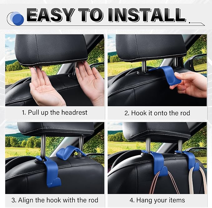4 Pack Car Seat Headrest Hooks, Vehicle Back Seat Hanger Storage Organizer for Purse Handbag Backpack Coat Grocery, 360° Rotating Heavy Duty Holds 44lbs, Blue
