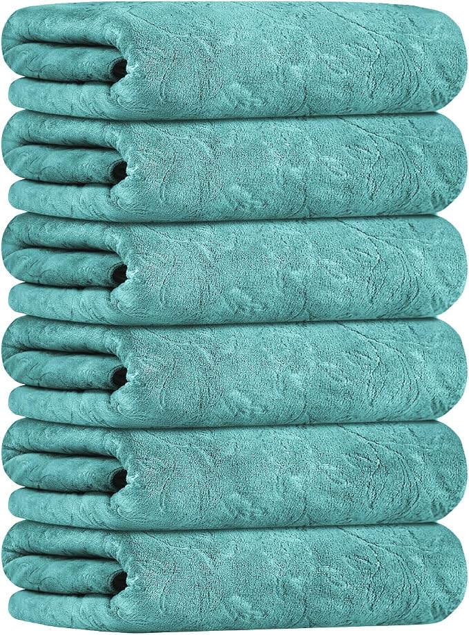 Microfiber Bath Towels, Bath Towel 6 Pack(30" x 60"), Oversized, Soft, Super Absortbent and Fast Drying, Multipurpose Use for Sports, Fitness, Yoga, Green-Floral Embossed