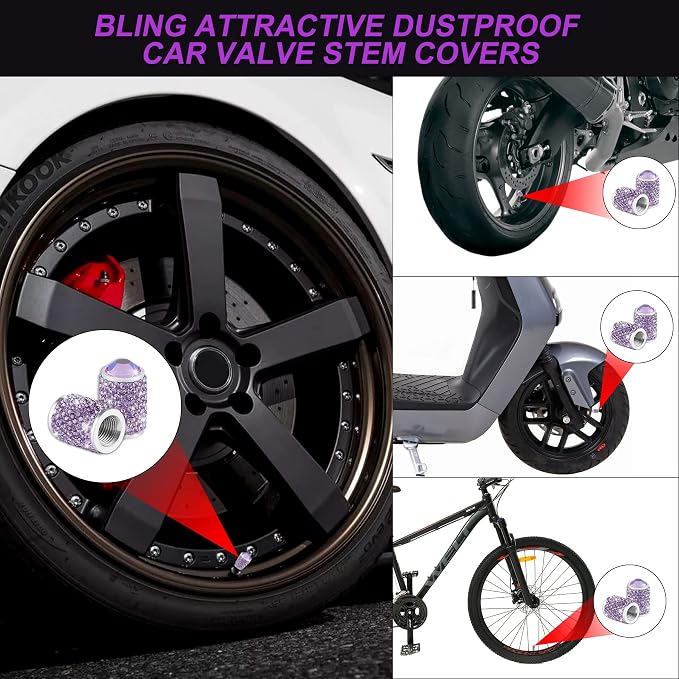 Car Wheel Tire Valve Caps, 4 PCS Bling Tire Valve Caps, Crystal Tire Caps Shinny Rhinestone for Women, Universal Car Dustproof Tire Valve Caps for Cars, Trucks, SUV and Motorcycles (Purple)