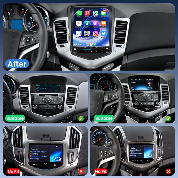 4Core+64GB ROM Tesla-Style Car Radio for Chevrolet Chevy Cruze 2009-2015: 10.4 Inch HD IPS Touchscreen Wireless Carplay Android Auto GPS Backup Camera SWC 5G WiFi Bluetooth 5.0 FM EQ