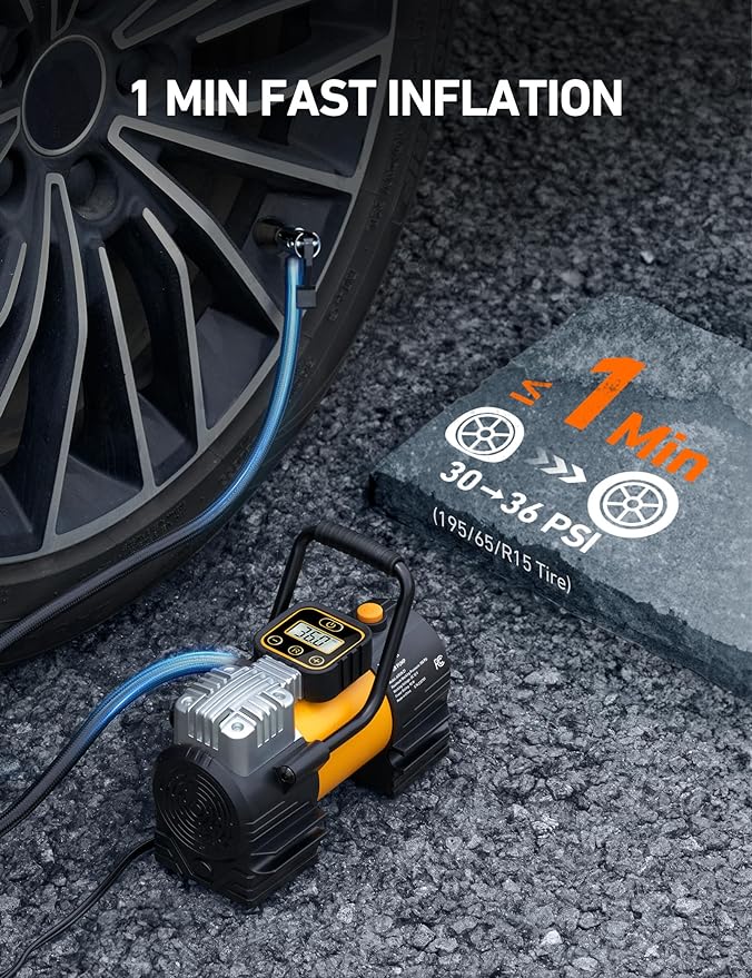 Tire Inflator Portable Air Compressor 150 PSI 12V DC Tire Pump with Digital Gauge Auto Shut-Off Fast Inflation, Ultra-Bright 12 LED Emergency Light for Car, Motorcycle, Bike, Ball, Inflatables