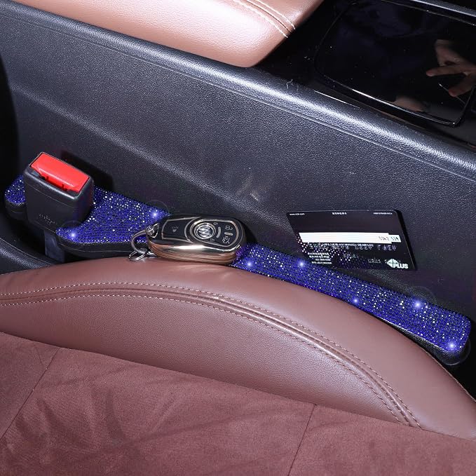 Bling Blue Car Seat Gap Filler 2 Pack Handmade Crystal Rhinestone Diamond Blue Gap Filler for Car SUV Truck Blue Bling Car Accessories for Women(Blue)