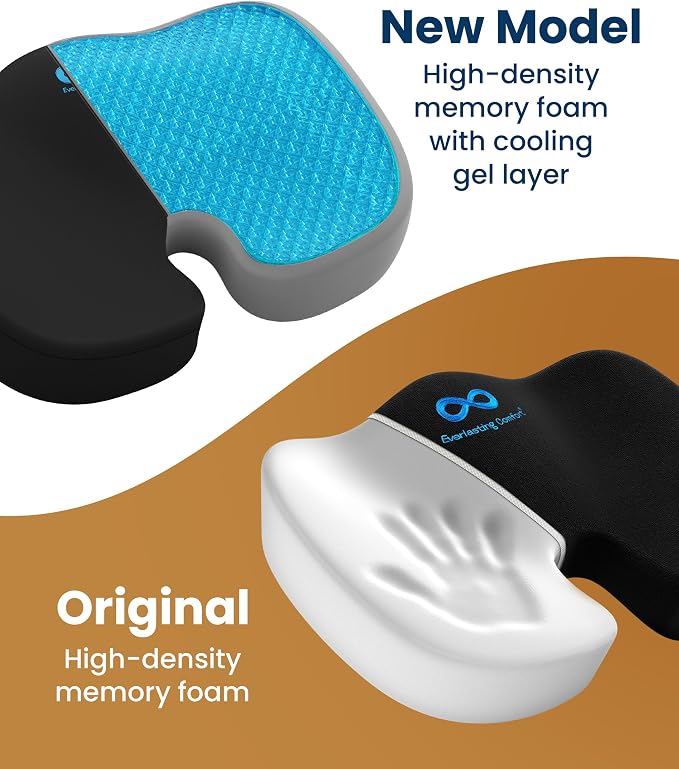 Doctor Recommended Memory Foam Seat Cushion for Office Chairs & Car - Ergonomic Office Desk Accessories - Cushions for Tailbone Pain Relief, Sciatica (Black Cool, Large)