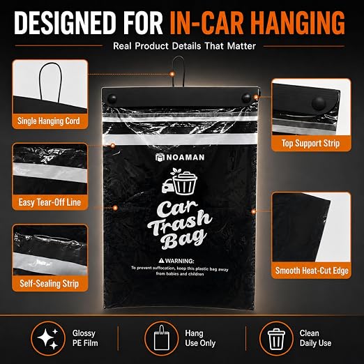 2Pack 50PCS Car Trash Bags, 2.5 Gal Leakproof & Smell Proof. Heavy-Duty Garbage Bags for car, SUV, Truck, RV. Stick-on or Headrest Mount. Alternative to Car Trash Can. Black