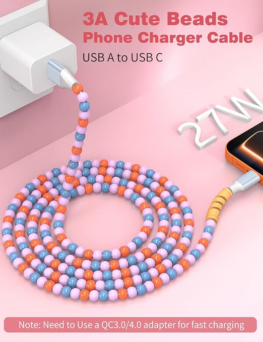 USB A to USB C Cable 3FT,Beaded Charger Cord for iPhone 17 16 Pro Max 17e 15 Car play,Type C Cute Car Charger Cord for iPad 10 11th A16/Samsung S26 S25 S24 S23 FE/Android Phone Girl Women,Blue-Orange