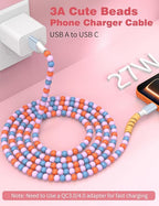 USB A to USB C Cable 3FT,Beaded Charger Cord for iPhone 17 16 Pro Max 17e 15 Car play,Type C Cute Car Charger Cord for iPad 10 11th A16/Samsung S26 S25 S24 S23 FE/Android Phone Girl Women,Blue-Orange