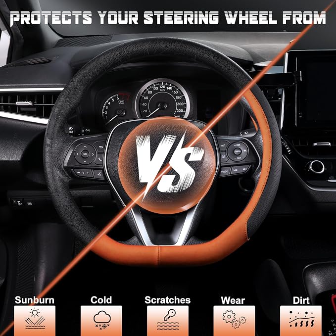 D Shaped Steering Wheel Cover for 14.5-15 inch Flat Bottom Wheels, Breathable Perforated Microfiber Leather, Anti-Slip Grip, Universal Fit for Cars & SUVs, Black and Orange