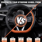 D Shaped Steering Wheel Cover for 14.5-15 inch Flat Bottom Wheels, Breathable Perforated Microfiber Leather, Anti-Slip Grip, Universal Fit for Cars & SUVs, Black and Orange