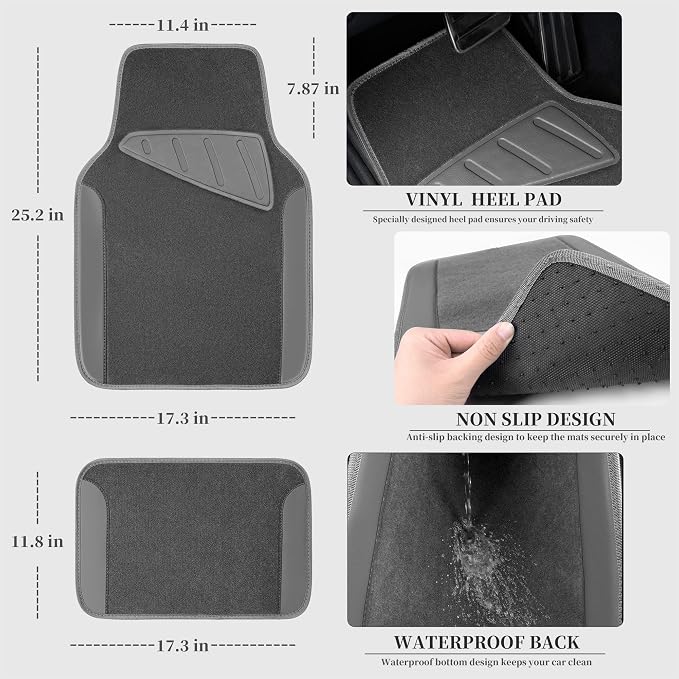 Waterproof Universal Fit Car Floor Mats, Car Mats Fit for SUV,Vans,sedans, Trucks,Set of 4pcs Car Carpet with Driver Heel Pad (All Gray)