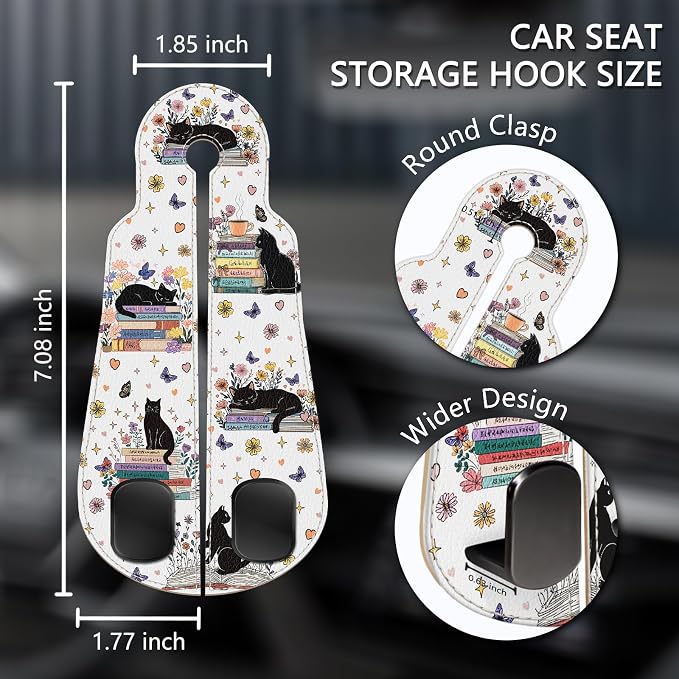 2PCS Car Hooks for Purses Bags, Book Lover Bookish Black Cat Seat Back Storage Headrest Holder Hanger PU Leather Double Metal Backseat Organizer, Women Car Accessories Organization