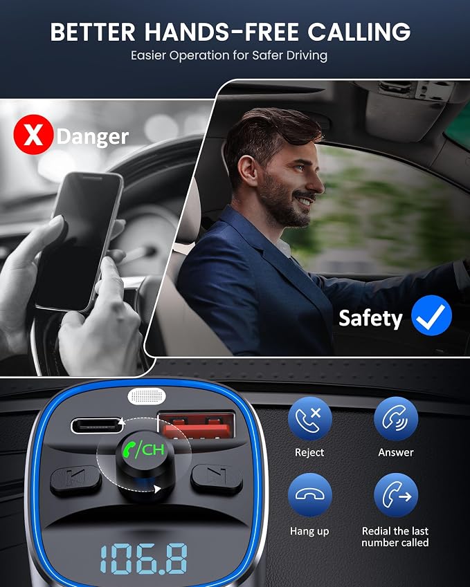 Bluetooth 5.4 FM Transmitter Car Adapter 48W [PD 30W & 18W] [7 Color Light] [Fast Charging] Wireless Radio Music Adapter Hands-Free Calling, Support USB Drive & TF Card