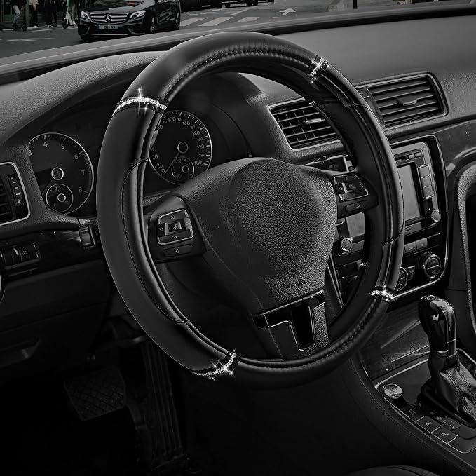 Leather Steering Wheel Cover - Made with PVC Leather - Anti-Slip, Universal Fit 14 1/2 inches to 15 inches - Black