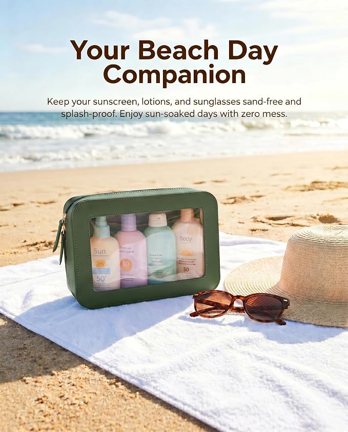 Clear Makeup Bags,TSA Approved Toiletry Bag with Zipper,Sunscreen Bag Clear Makeup Toiletry Pouch Beach Vacation Essentials for Women Teen Girls Gifts(Vintage Green)