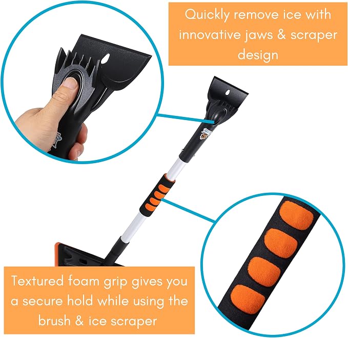 36" Extendable Snow Pusher Brush & Detachable Ice Scraper for Cars | Aluminum Grip for Car, Truck, SUV | Safe on Auto Windshield & Windows | Wide Frost Remover for Semi & Small Vehicles