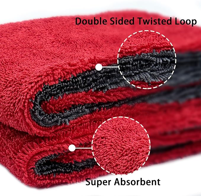 2 Pack Car Drying Towel, Premium Microfiber Towels for Cars, 1000GSM, Edgeless Twisted Loop Design, No Streaks, Scratches, or Water Spot, Absorbent Wash Towel, 18" x 24" (Red&Grey)