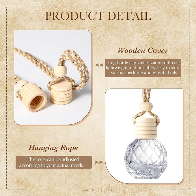 100 Pcs Car Air Fresheners Diffuser with Wooden Cap Empty Aromatherapy Diffuser Clear Car Fragrance Holder Pendant Hanging Perfume Fresheners Bottles for Decor(Round Diamond,Clear)