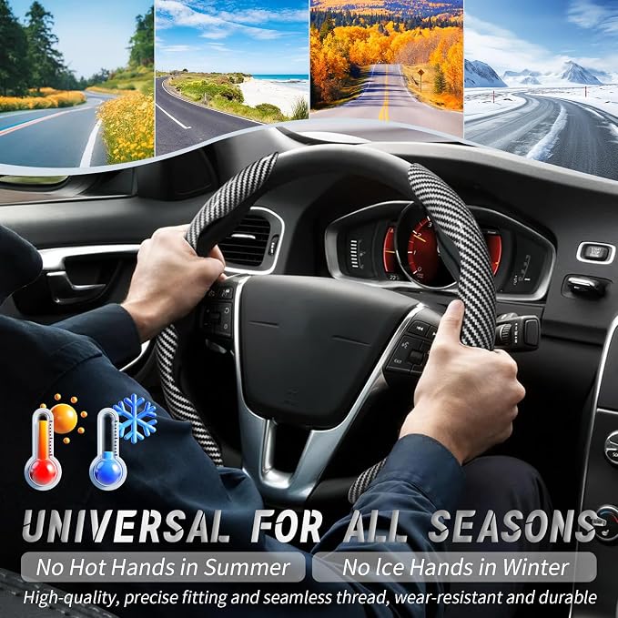 2pcs Car Steering Wheel Cover,Anti-Skid Carbon Fiber Steering Wheel Protector for Men Women,Multiple Color Options,Universal for Most Car Interiors Accessories (Bright Silver)
