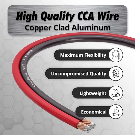 8 Gauge Wire (50ft) Copper Clad Aluminum CAA - Primary Automotive Wire, Car Amplifier Power and Ground Cable, Battery Cable, Car Audio Speaker Stereo, RV Trailer Wiring Welding Cable 8ga