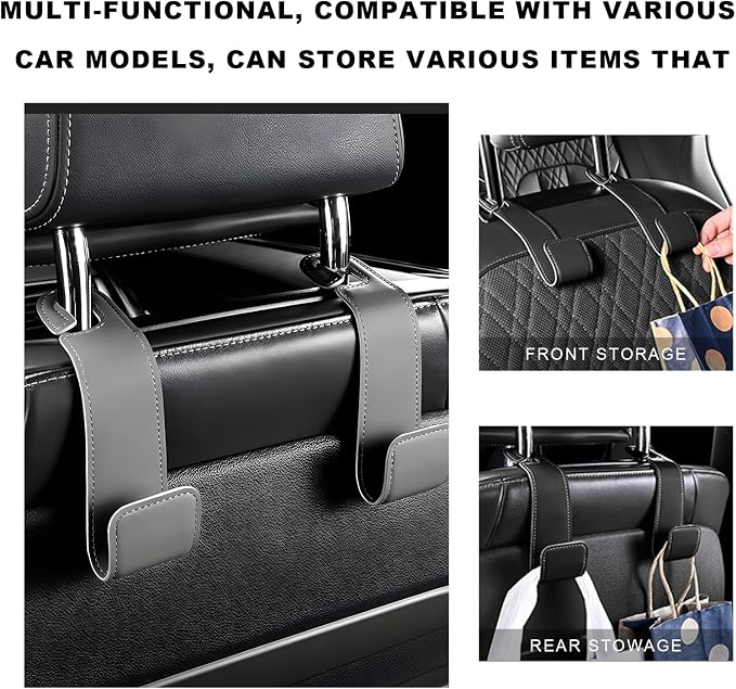 2 PCS Car Seat Headrest Hook, Microfiber Leather Purse Hooks Back Seat Storage Organizer, Auto Interior Headrest Holder for Hanging Bag Coat Grocery, Car Accessories (Gray)