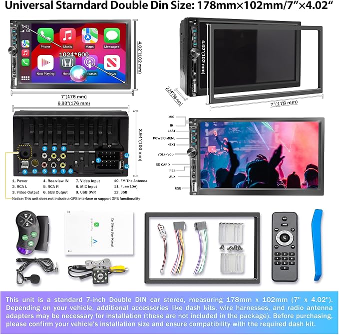 Upgrade Wireless 7" Double Din Car Stereo Apple CarPlay Android Auto 178 * 102mm,Touchscreen Car Play Radio for Car,Screen for Bluetooth 5.2, Weatherproof Backup Camera,FM AM,AUX,Card Slot,USB,SWC