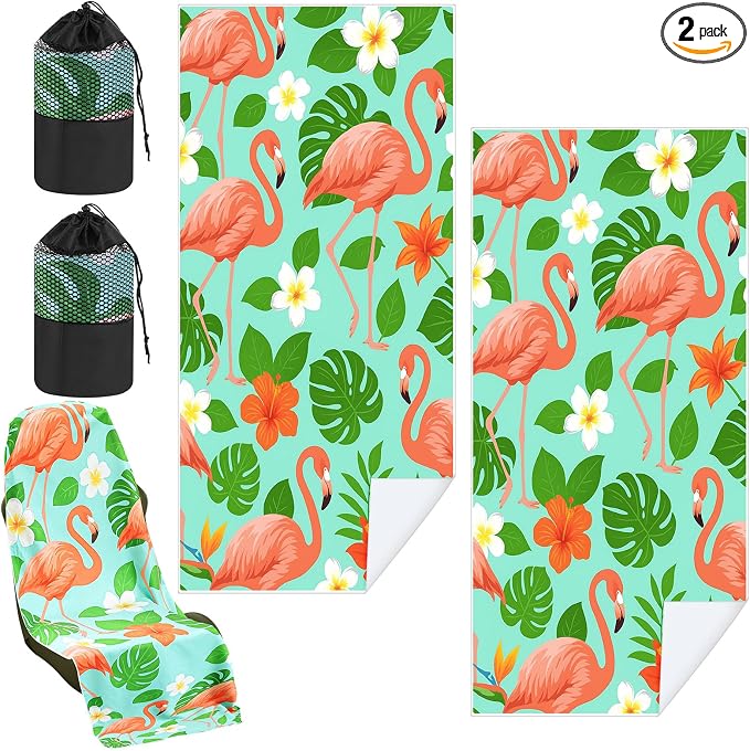 Car Seat Towel Covers with Storage Bag, 63 x 32 Inch Universal Non Slip Waterproof Sweat Protector for Car Truck, Gym Swimming Running, Machine Washable(2 Pack,Green Leaf Flamingo)