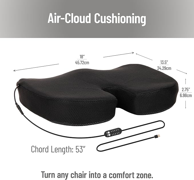 Heated Memory Foam Seat Cushion with Air-Cloud Support, Slim Ergonomic Cushion with 4 Heat Settings Timer and Auto Shut-Off, Black