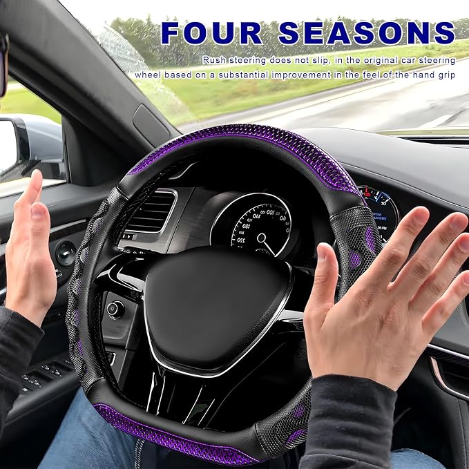 D-Shaped Steering Wheel Cover, Leather Car Wheel Protector with 3D Honeycomb Anti-Slip Design, Universal Breathable Comfy Cover Fits 14.5-15 Inch Steering Wheels, Car Accessories (Purple)