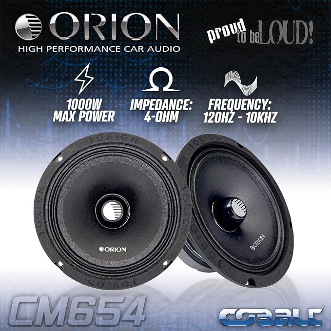 ORION Cobalt CM654 High Efficiency 6.5" Mid-Range Bullet Loudspeakers, 1000W Max Power, 250W RMS, 4 Ohm, 1.5" Voice Coil - Pro Car Audio Stereo, Midrange Speakers (Pair)