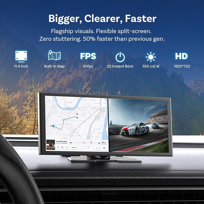 OTTOCAST OttoScreen AI 11.4" Wireless Carplay Screen for Car, Gemini AI Voice Control, Android Auto, Netflix YouTube Google Play, Dual WiFi Dual Bluetooth, 1080P Backup Camera, 8-Core Android 15