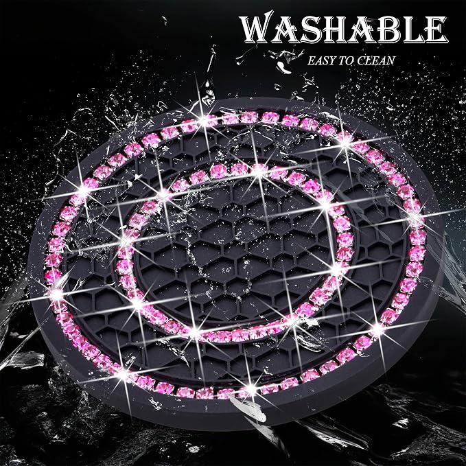 2PCS Bling Crystal Rhinestone Cup Coaster Insert, 2.75 inch Soft Silicone Anti-Slip Shockproof, Car Drink Holder Coaster, Universal Car Interior Accessories for Women (Black & Pink)