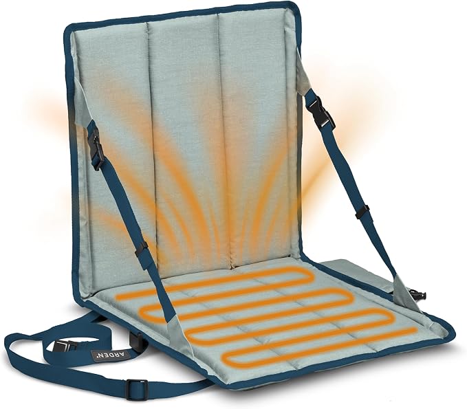 Heated Stadium Seat, Foldable, Lightweight with Carrying Strap, Foam Cushion for Comfort, Adjustable, Back Support, Multi-Functional Use As Stadium Seat or Seat Pad, Gray/Navy